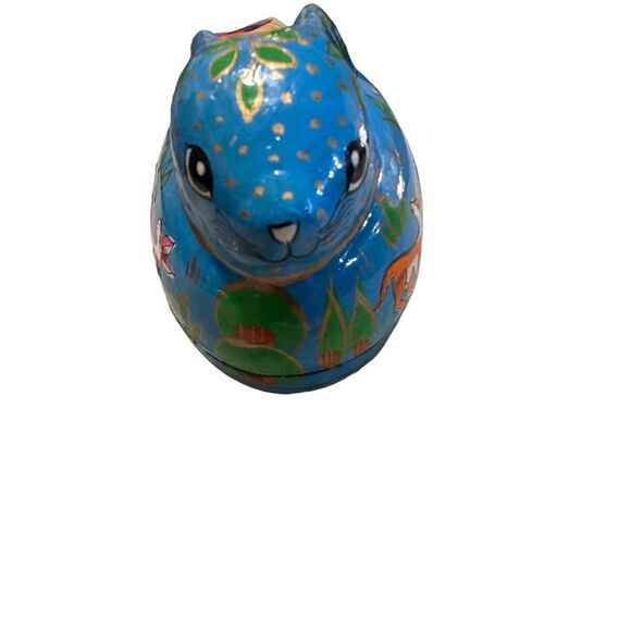 Hand Painted Folk Rabbit Papier Mache Container Hare Easter Good Luck Blue anima - Picture 3 of 7